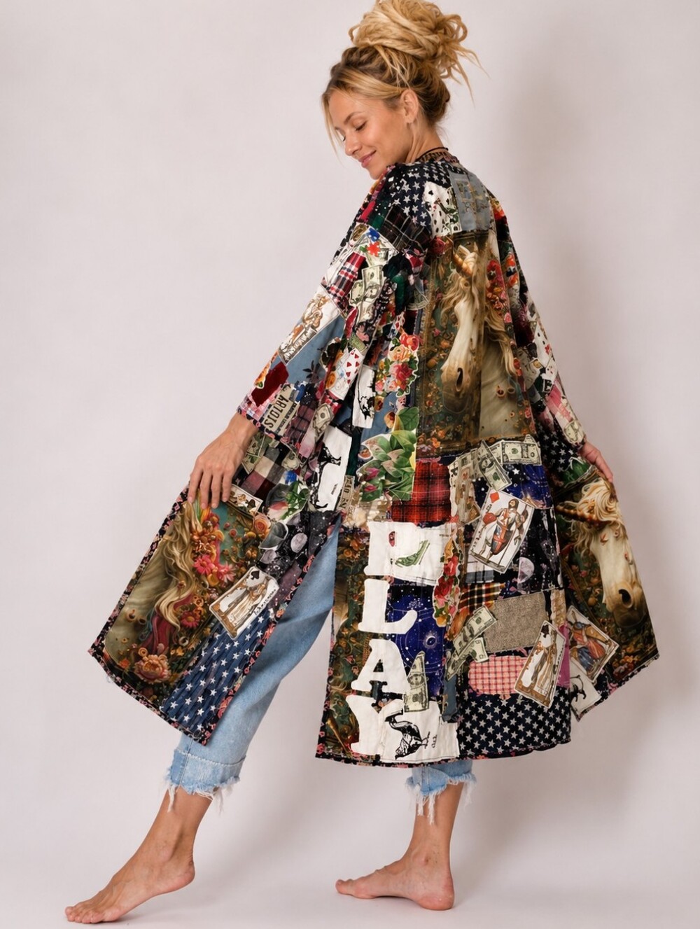 Designer Upcycled Kimono Duster long Coat Artisan Cottage Rose Unicorn Appliqué
